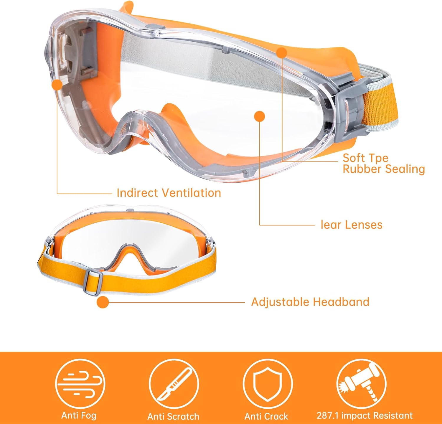 UXIETIN Mowing Goggles with Transparent Lenses | Anti Fog,Scratch Resistant, Eye Protection for Men and Women, Orange