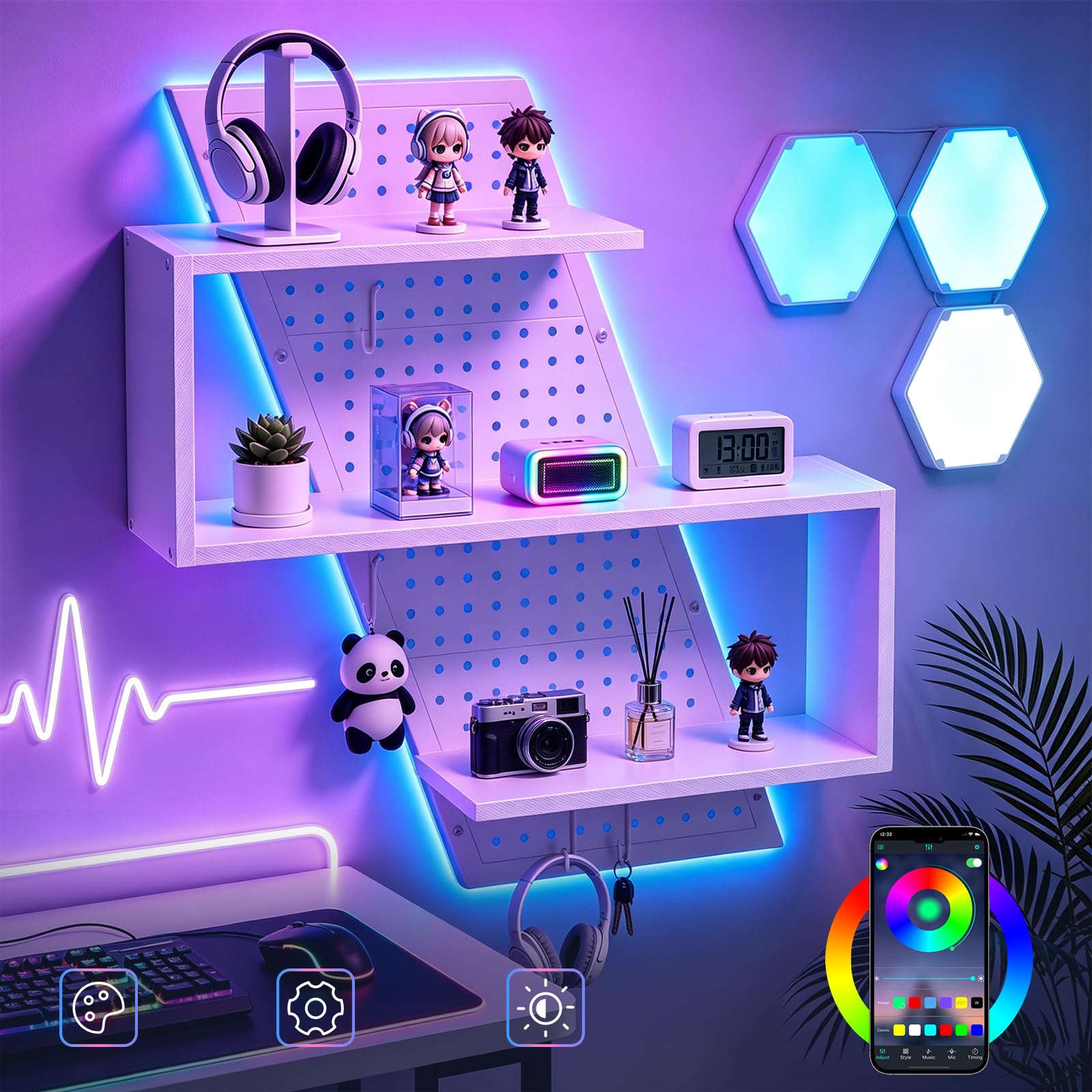 S-förmiges Gaming schwebendes Regal, Wandregal mit LED-Beleuchtung, Weiß | Mit Lochplatte, 4 Haken und RGB-LED-Beleuchtung, einfache Wandmontage, platzsparend, vielseitig einsetzbar