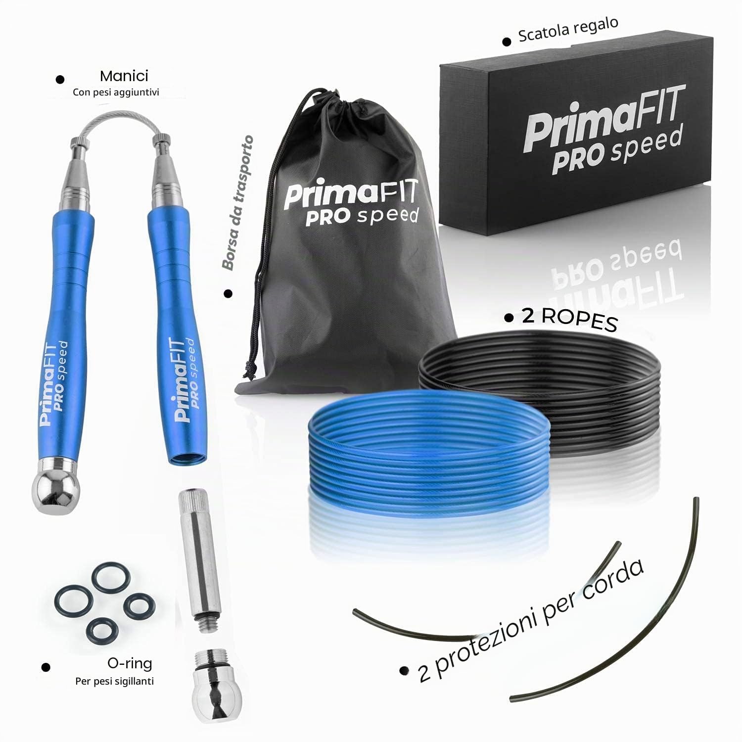 PrimaFIT Pro Speed Corda Per Saltare Professionale Con Pesi, Corda Salto Crossfit Pesante Regolabile Jump Rope Boxe, Cuscinetti a Sfera, Autobloccante, Alluminio, Perdita Peso,2 Cavi d'Acciaio & Borsa