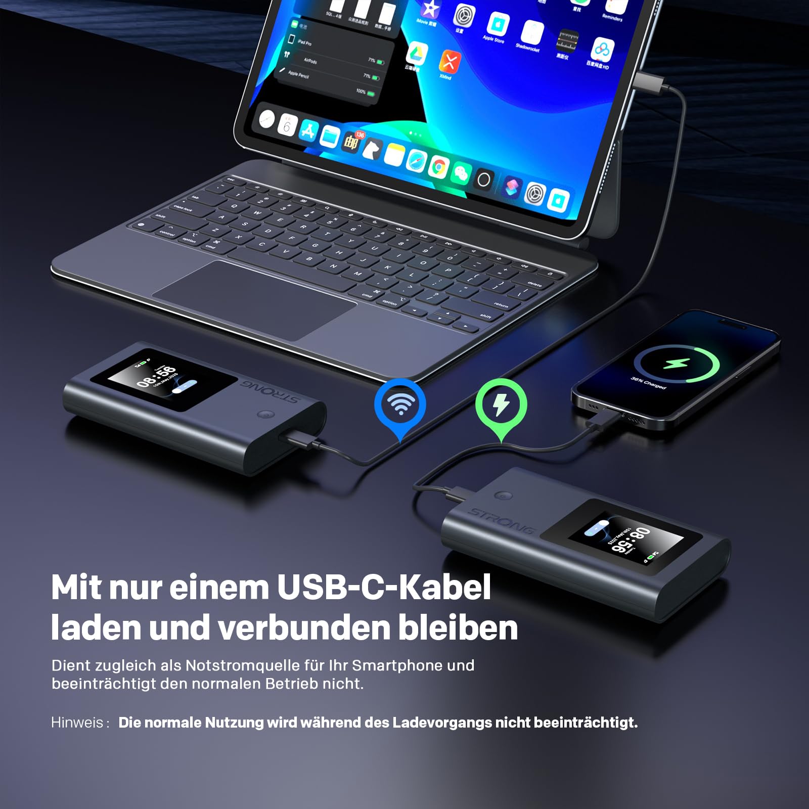 STRONG 5G+ HOPI Mobiler WLAN Router mit 5 GB Daten, Tragbarer Dual Band WLAN 6 AX1800 Router mit eSIM, bis zu 3,4 Gbit/s Downloadspeed, 4500 mAh Akku, USB C Port, Powerbank Funktion, Schwarz