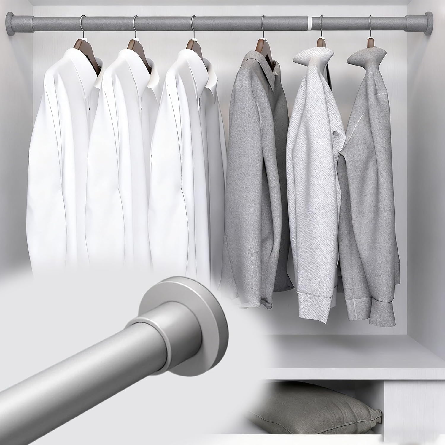 Heavy Duty Expandable Closet Rod, 110 lbs Load Capacity, Wall Mounted Hanging Pole for Clothes, Easy Installation, Adjustable 29.5-45.3in (Gray)