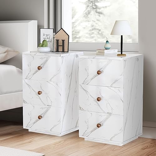 AWQM Juego de 2 mesitas de noche de mármol sintético, mesa auxiliar blanca con 3 cajones, mesita de noche, mesa auxiliar para sofá con