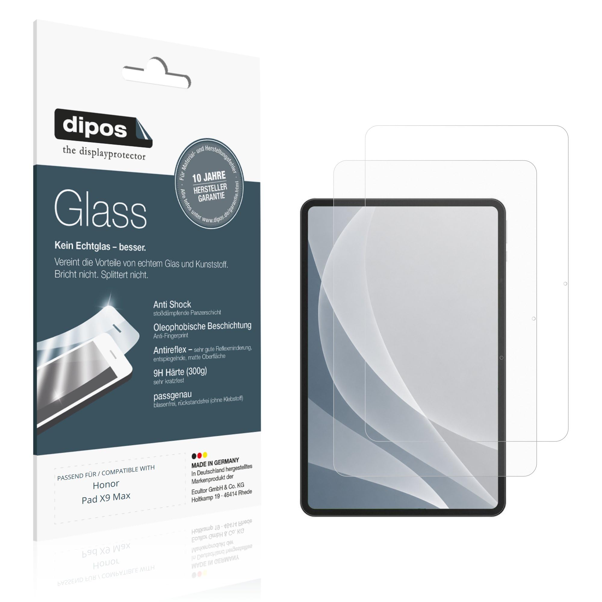 dipos 2x Pellicola Protettiva 9H opaca per Honor Pad X9 Max | Antiriflesso, non si rompe e non si scheggia, non è vero vetro, Anti-Shock, antigraffio, senza bolle, autoadesiva