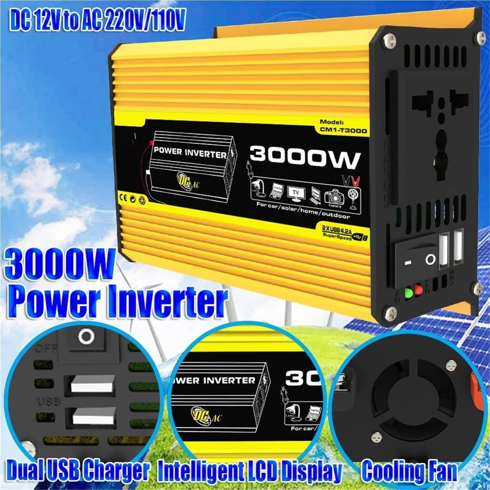 Power inverter Inverter Auto 4000W 12V A 220V/110V LED Convertitore Adattatore Caricabatterie Trasformatore Di Tensione USB Doppio Onda Sinusoidale Modificata(Yellow 3000W 12V to 220V)