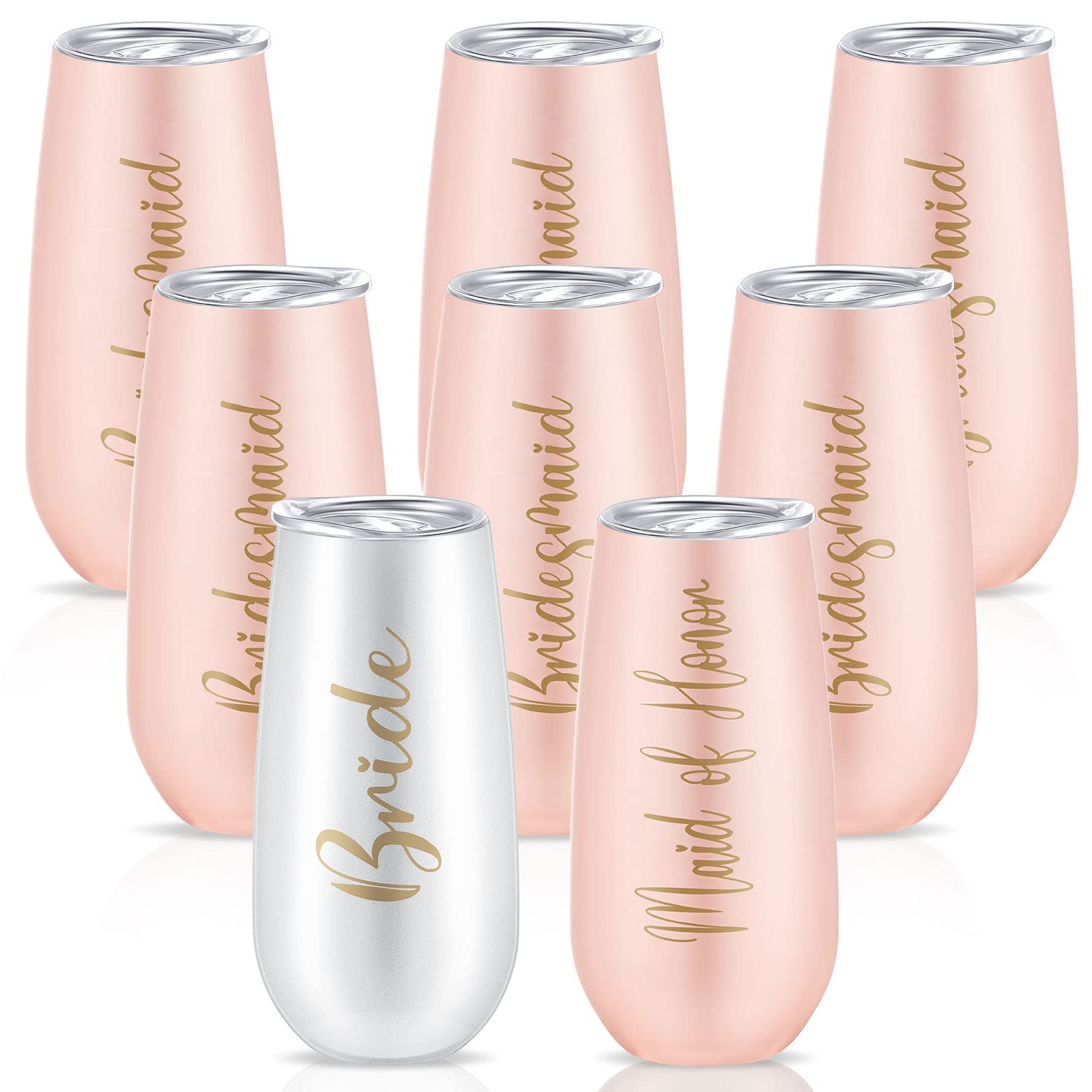 Bridesmaid Wine Tumblers Set of 8, Bride Champagne Flute Maid of Honor Bride Mugs, 6 oz Stainless Steel Bridesmaid Proposal Gifts for Engagement Wedding Bachelorette Party Supplies (Pink)