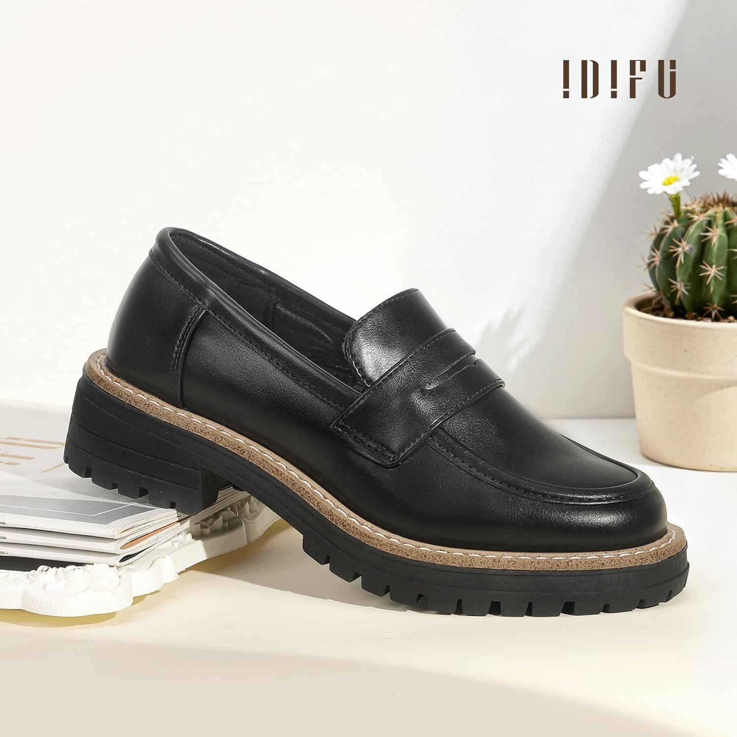 IDIFU IN2 Womens Platform Loafers Chunky Penny Heeled Loafer Lug Sole Slip On Closed Toe Dress Shoes for Women Dressy Comfortable Work Office Business Casual Loafers Shoes - Image 5