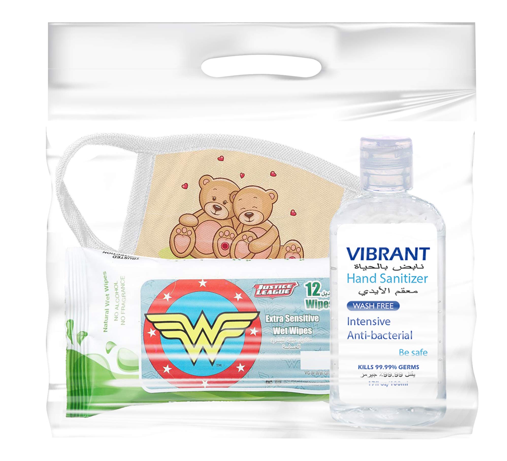 Vibrant School Hygiene Kit For (3-7 Years) Hand Sanitizer + REUSable Cloth Face Mask For Kids + Wet Wipes