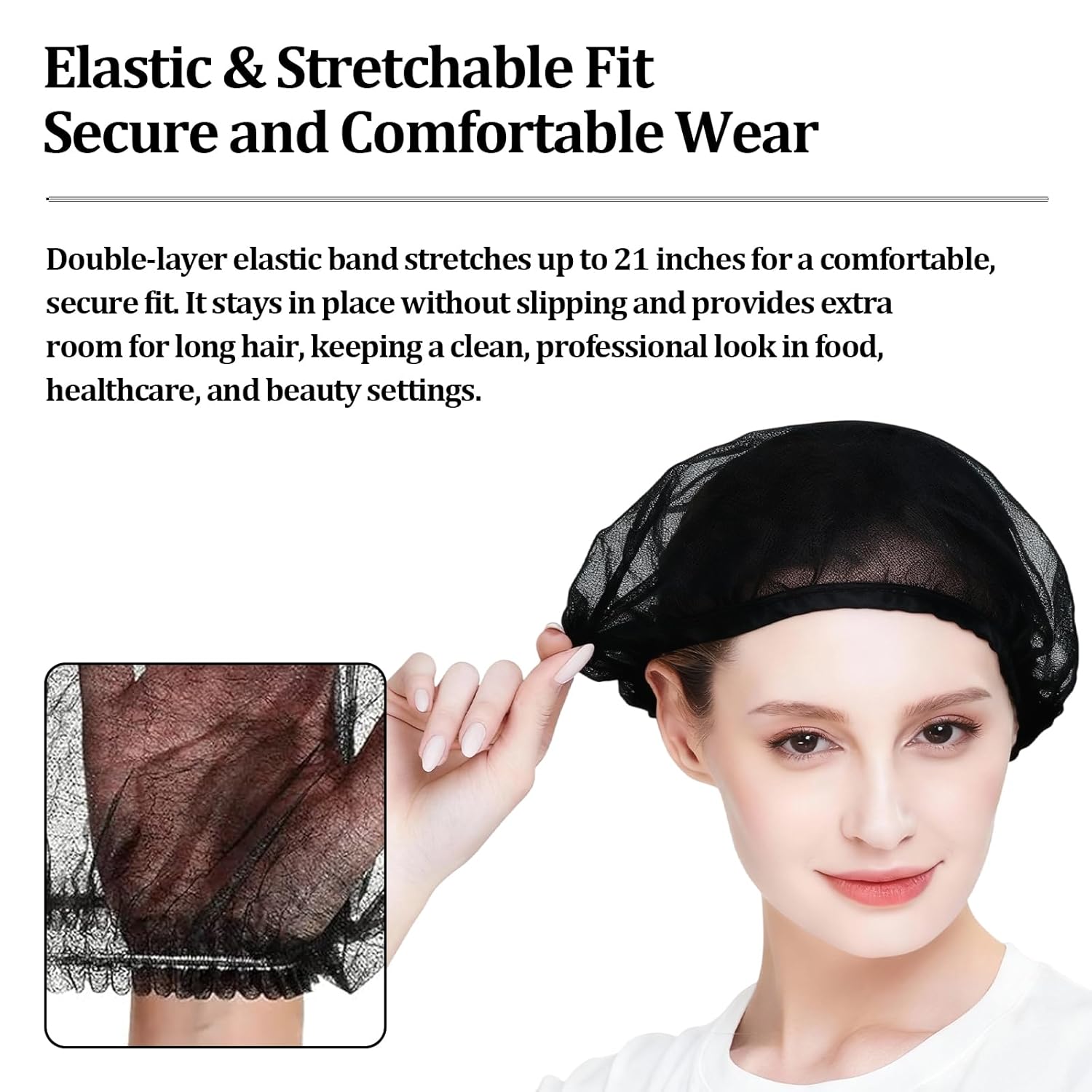 100 Pcs Disposable Bouffant Caps, 21 Inches Elastic Hair Nets, Stretchable Nonwoven Head Cover for Food Service, Factory, Salon, and Hygiene Environments (Black)