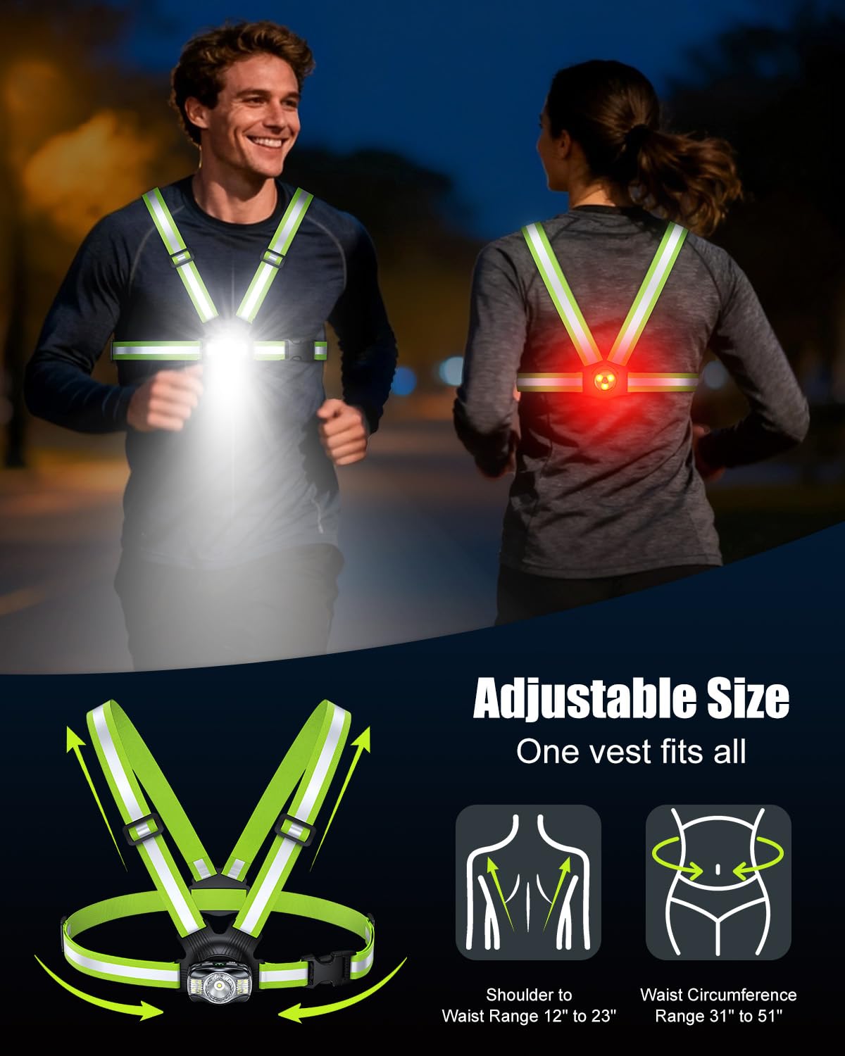 Luces de correr para corredores, luz de correr de 500 lúmenes con luz de alerta roja trasera, haz ajustable de 45° e impermeable IPX4, chaleco reflectante recargable para caminar/ciclismo