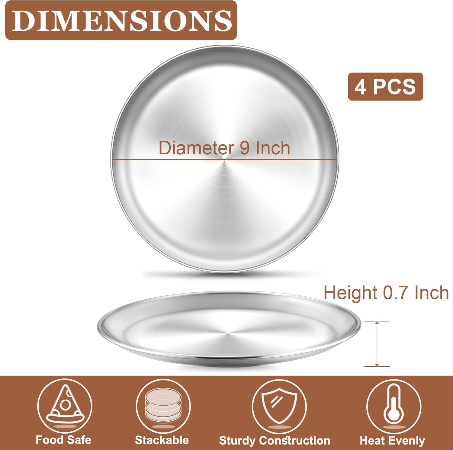 TeamFar 9 Inch Pizza Pan, Stainless Steel Small Crispy Pizza Tray, Round Pizza Dish Plates for Toaster Oven Baking Cooking, Healthy & Heavy Duty, Easy Clean & Dishwasher Safe(4 PCS)