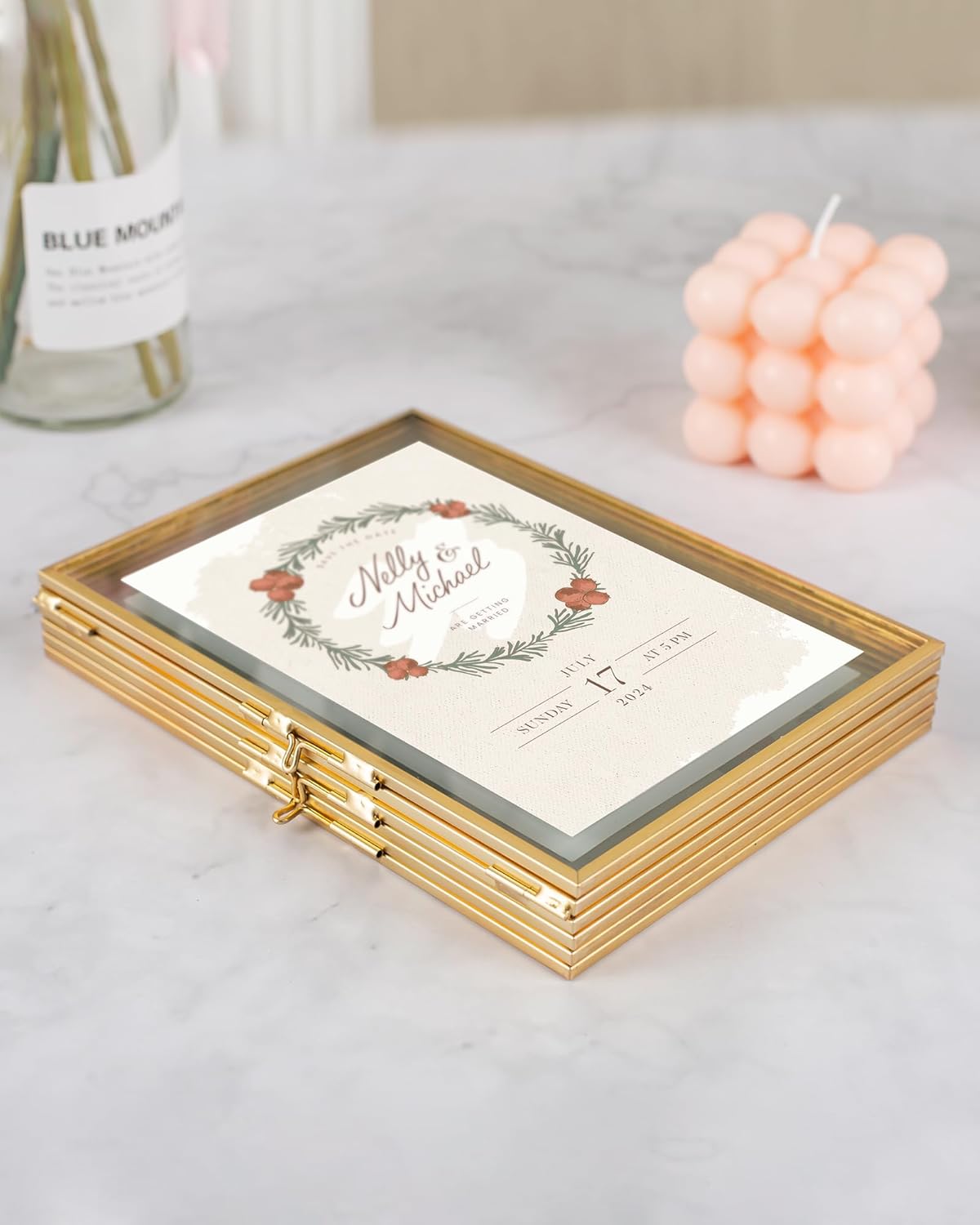 Gold Floating Frames, Vintage 5x7 Triple Folding Picture Frame, Hinged Glass Picture Frames with Three Opening for Artwork Photo Stand on Tabletop