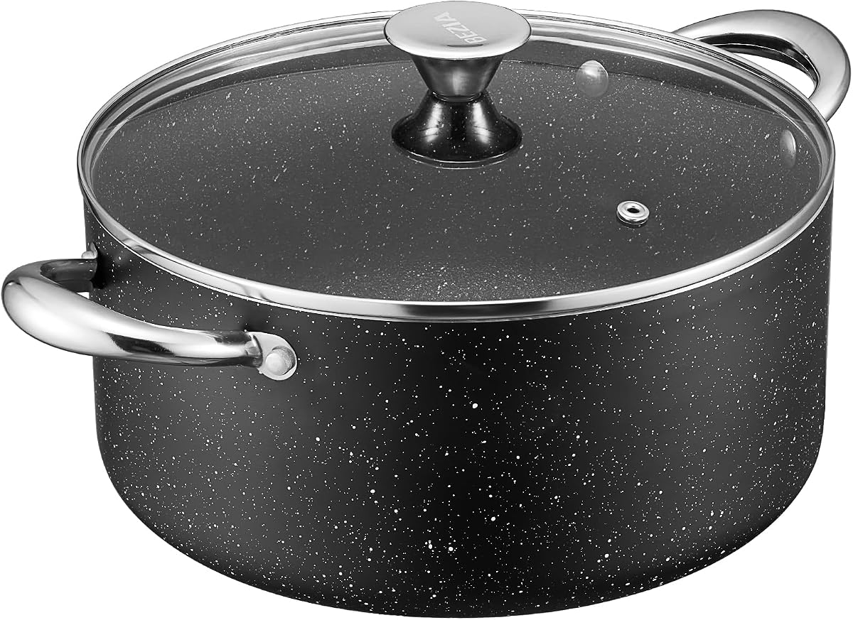 BEZIA Olla antiadherente con tapa de 12 cuartos, olla de inducción para sopa | Apto para horno y lavavajillas, liberación de alimentos sin esfuerzo, para grandes lotes de boloñesa, patatas hervidas durante las fiestas y reuniones familiares numerosas