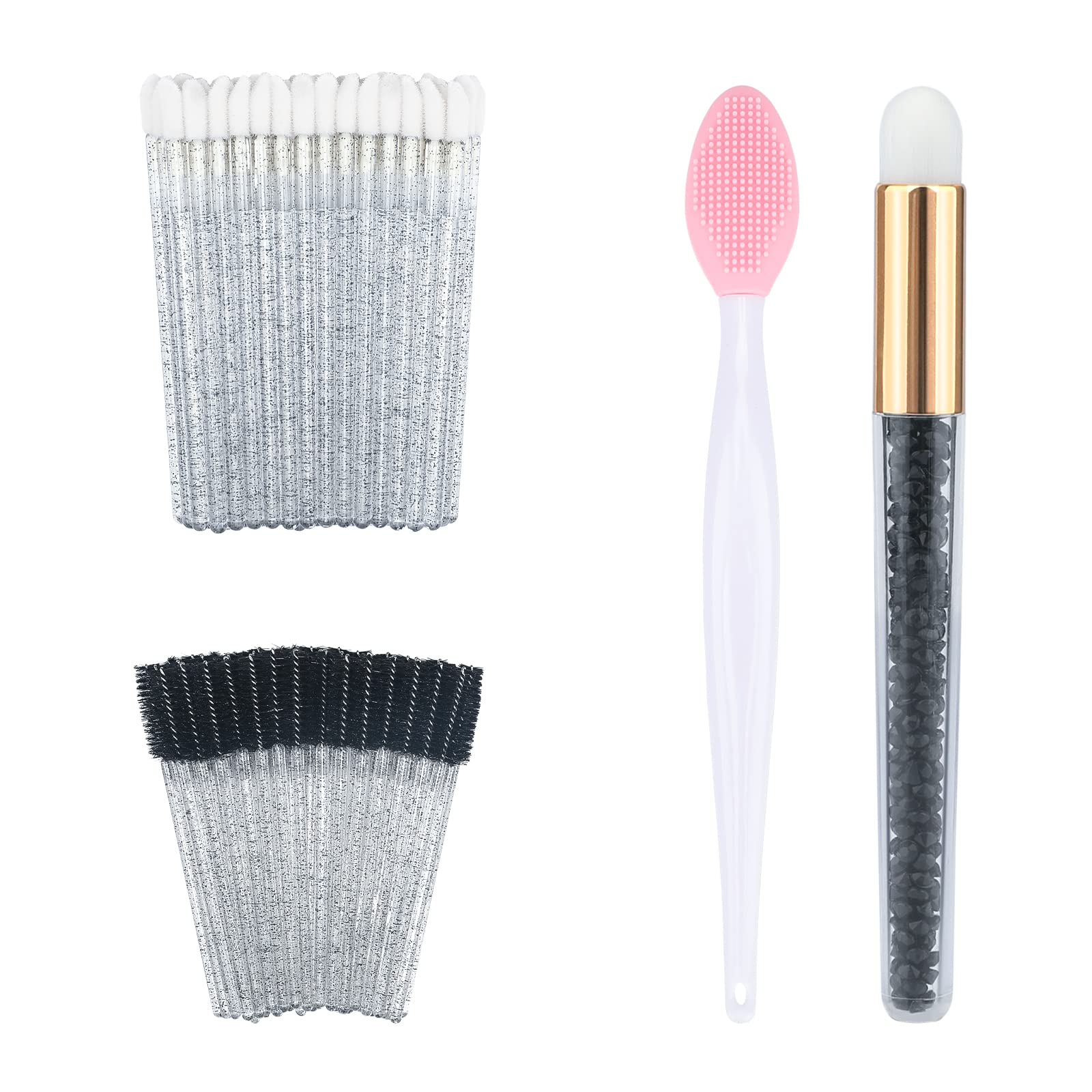 G2PLUS 102PCS Makeup Brush Kit, 50Pcs Glitter Crystal Lip Brush, 50Pcs Eyelash Brushes, 1Pcs Double Sided Silicone Lip Scrub Brush, 1Pcs Eyeshadow Brush for Personal Care and Eyelash Extension (Black)
