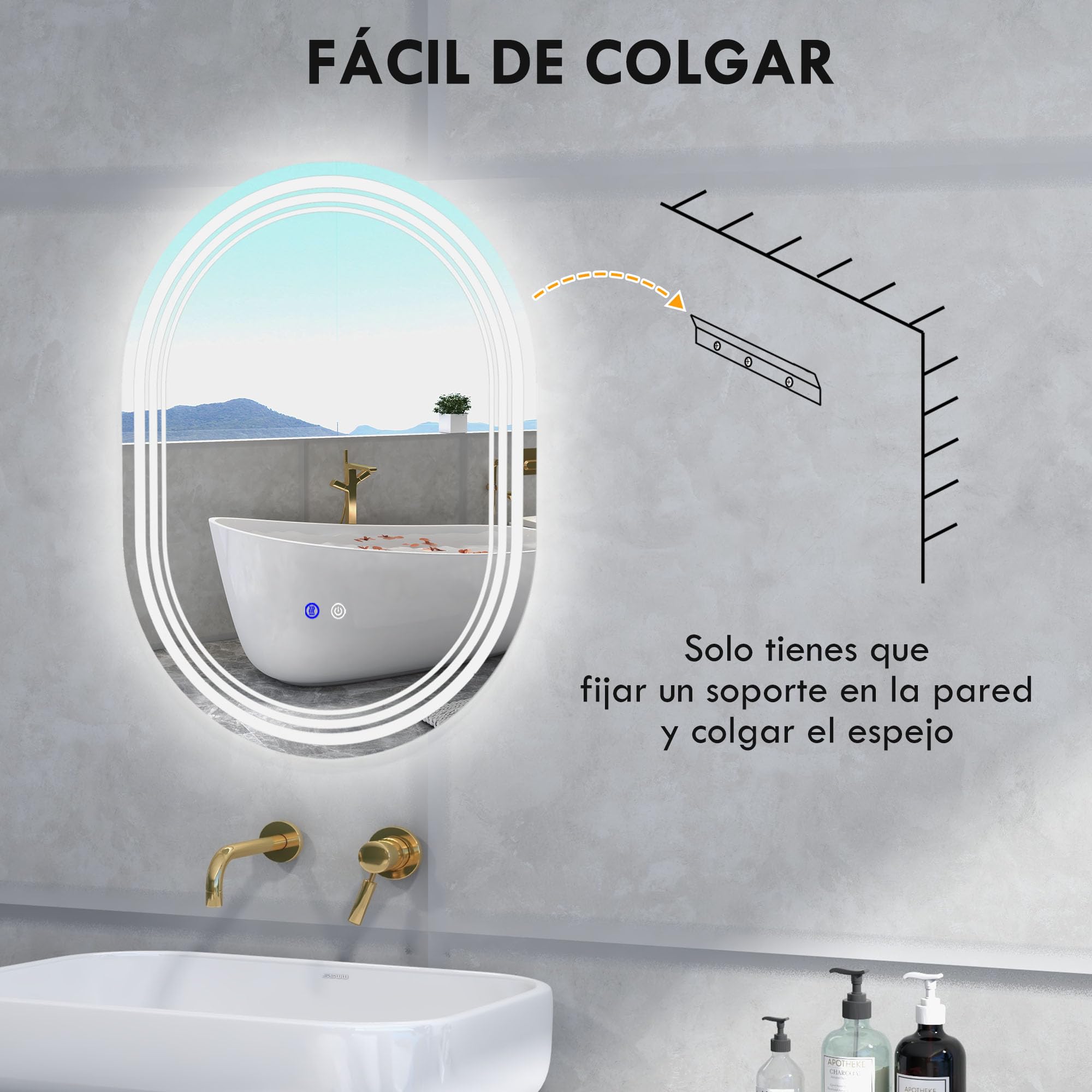 kleankin Espejo Baño con Luz 70x50 cm Antivaho IP44 Horizontal/Vertical