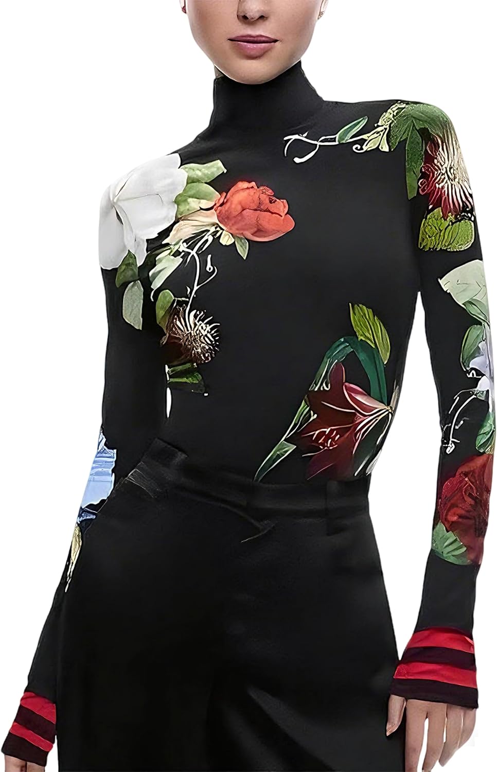 Women's Turtleneck Long Sleeve Tops Asymmetrical Split Hem Slim Fit High Neck T Shirt for Women Casual Top