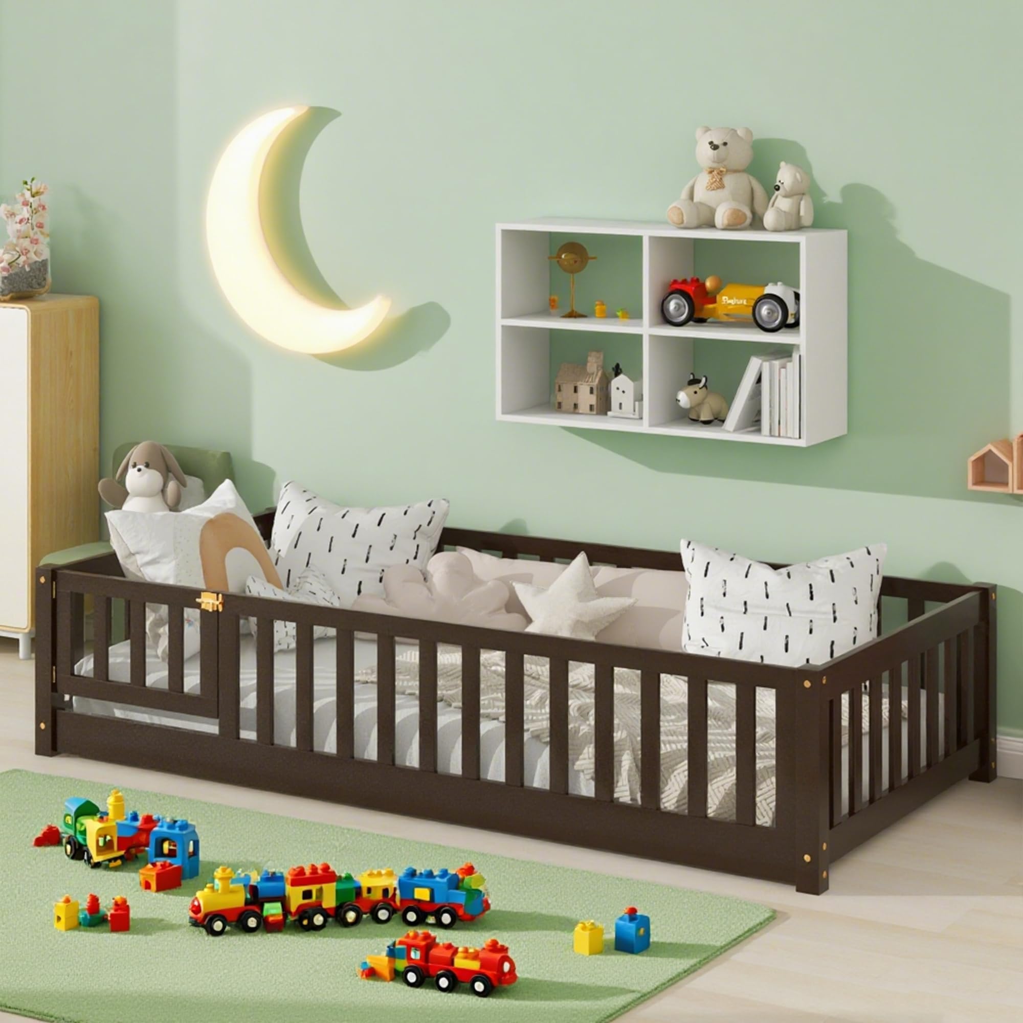 Bellemave Twin Floor Bed Frame with Slats and Safety Guardrail, Wood Twin Size Montessori Floor Bed with Door and Fence, Easy Assemble Montessori Beds for Kids, Girls, Boys, Espresso