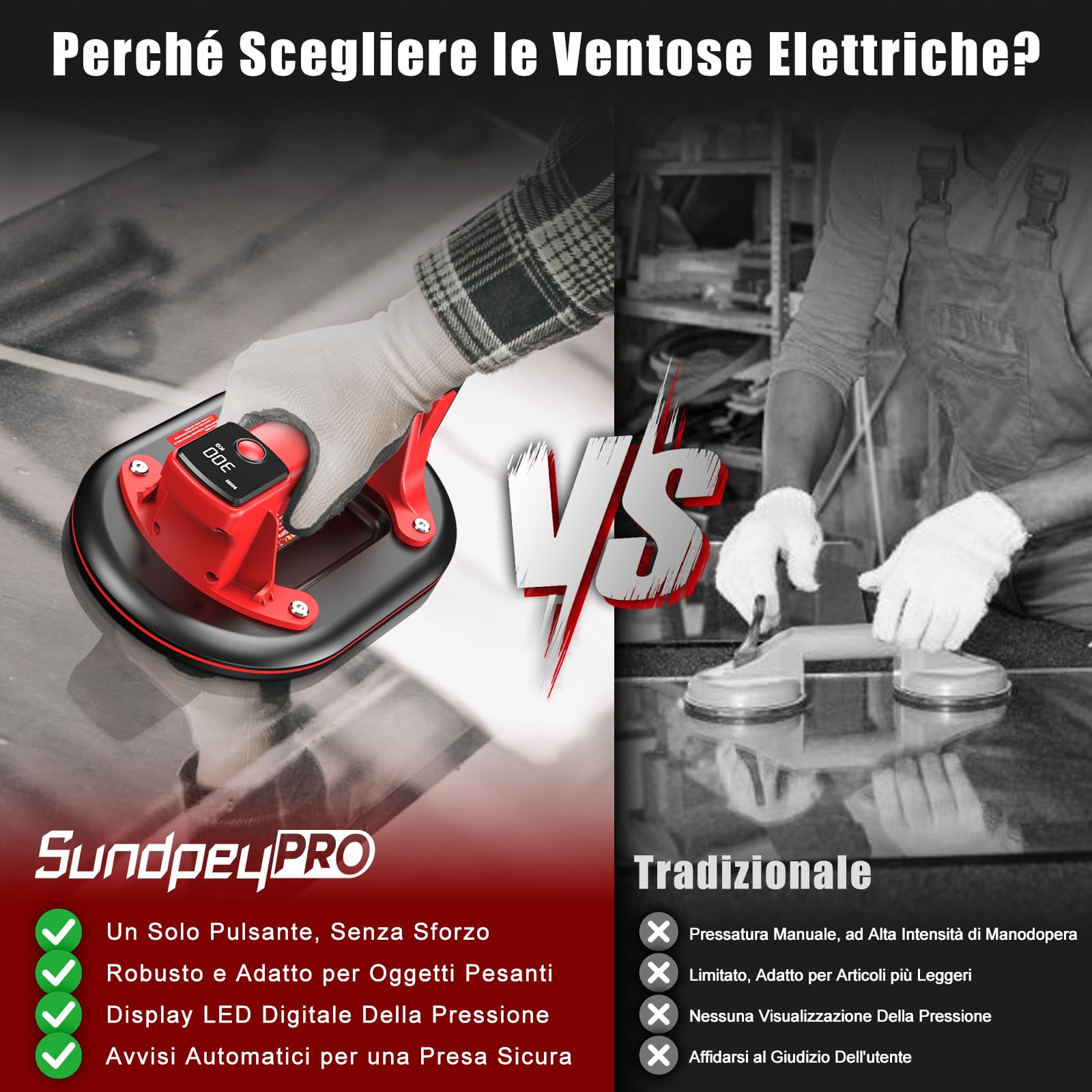 Ventosa per Piastrelle a Batteria, 2 Pezzi SundpeyPRO 10" Ventosa Elettrica con Carico Massimo di 300KG con 4 x 3,0Ah Batterie, Display LCD, Ventose in Vetro per il Sollevamento di Granito e Marmo