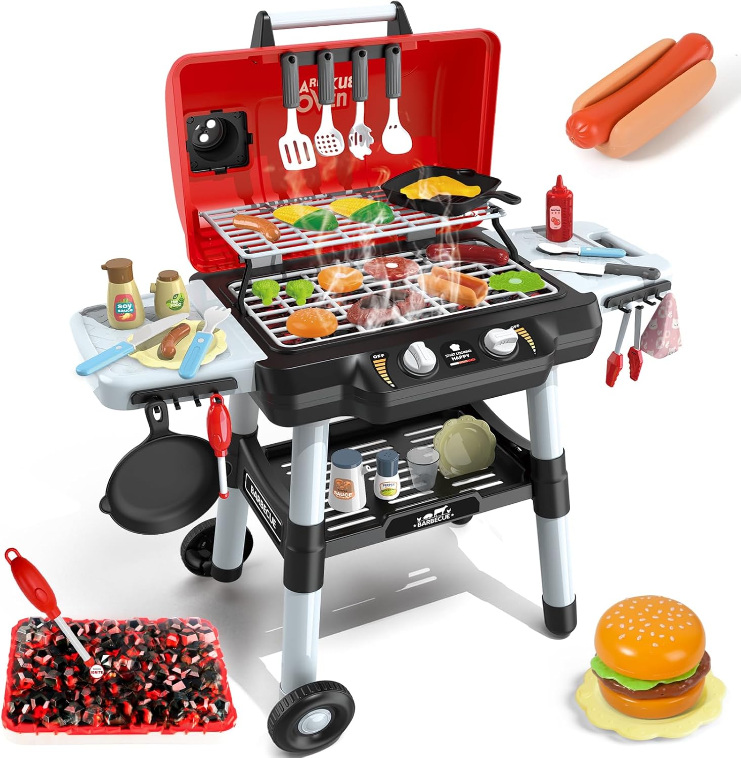 Kids Play Kitchen Toys, Kids BBQ Grill Playset with Smoke Sound Light, 2-Layer Barbecue Toy with Wheel, Outdoor Play Grill Toys for Toddlers 3-5, Play Food Toys Cooking Set, Birthday Gift for Boy Girl