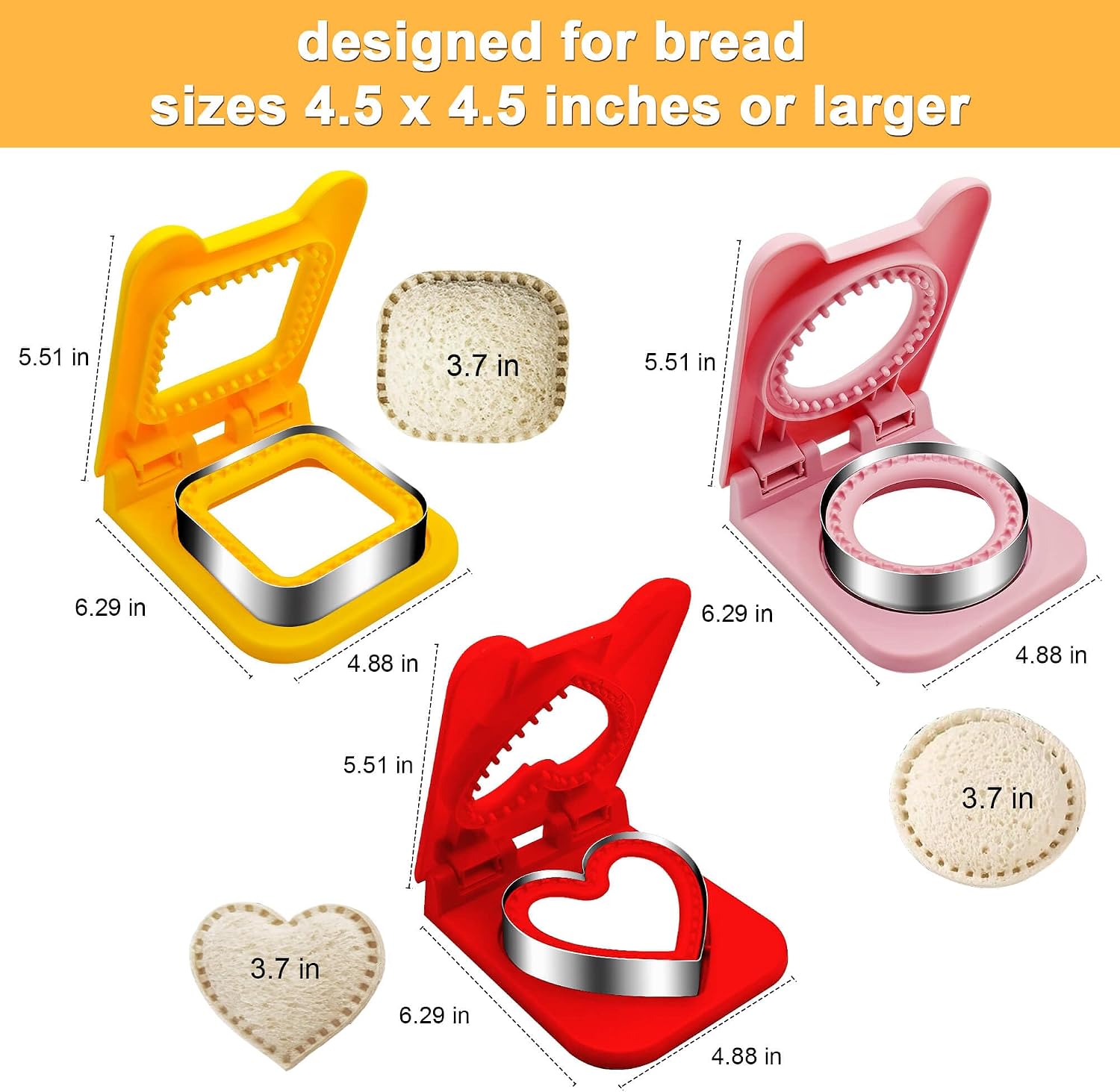 3PCS Sandwich Cutter and Sealer,Sandwich Cutters for Kids Lunch,Crustless Sandwich Cutter,Cookie Cutter for Children Lunchbox and Bento Box (Pink Round+Red Heart+Yellow Square)