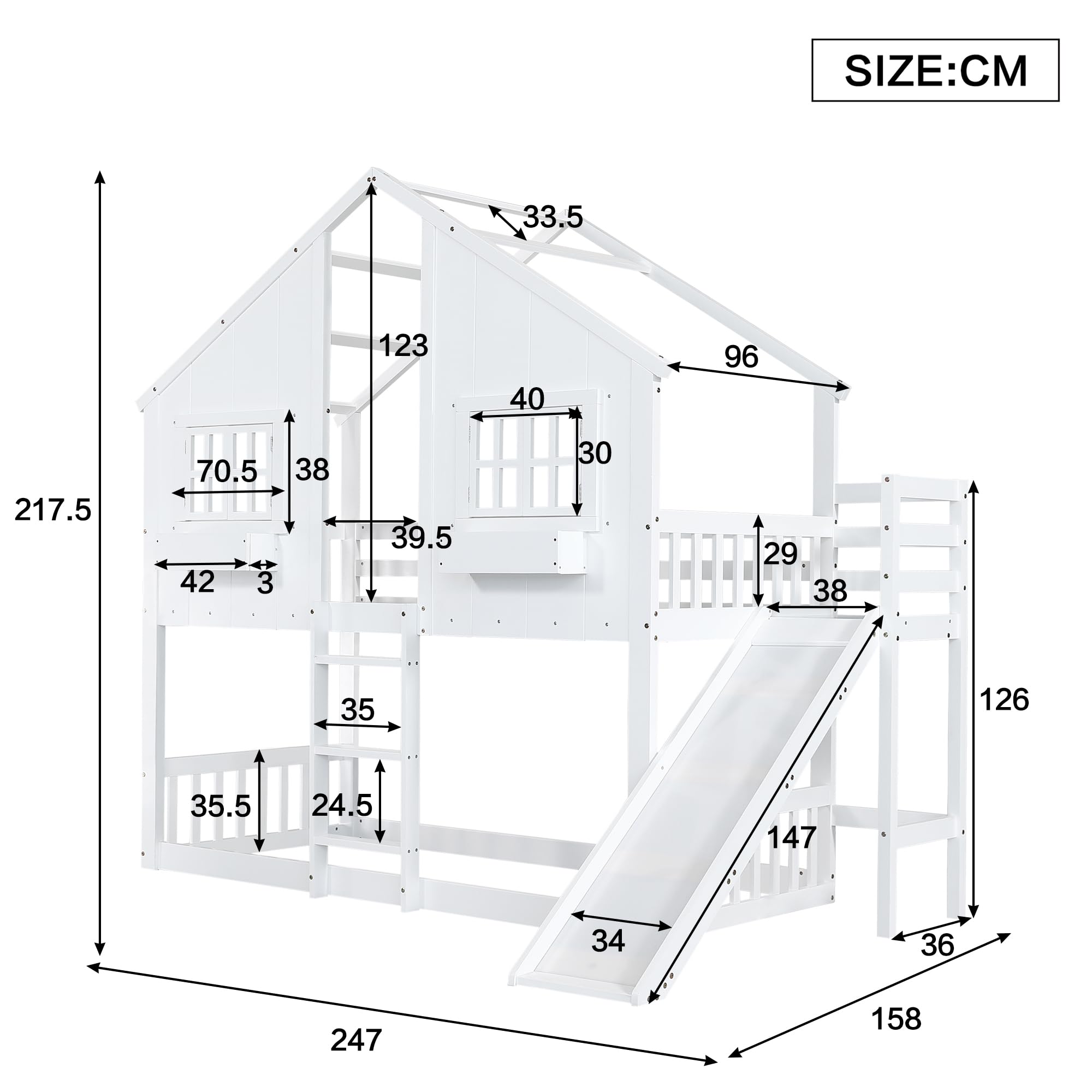 Etagenbett 90x200 cm, Kinderbett mit Rutsche, Kinder Hochbett mit Dach und Fenster, mit Fallschutzgitter Dreistufiger Leiter, Kiefer+MDF, ohne Matratze, Weiß