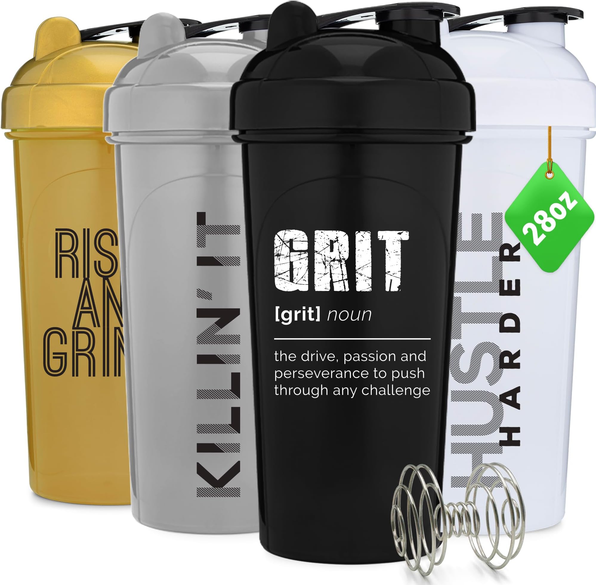 [4 Pack] 28oz Protein Shaker Bottle with Motivational Quotes (Black, White, Silver, Gold) |Shaker Cup with 4x Wire Mixers | Shaker for Protein Mixes Pack is BPA Free, Leak Proof and Dishwasher Safe