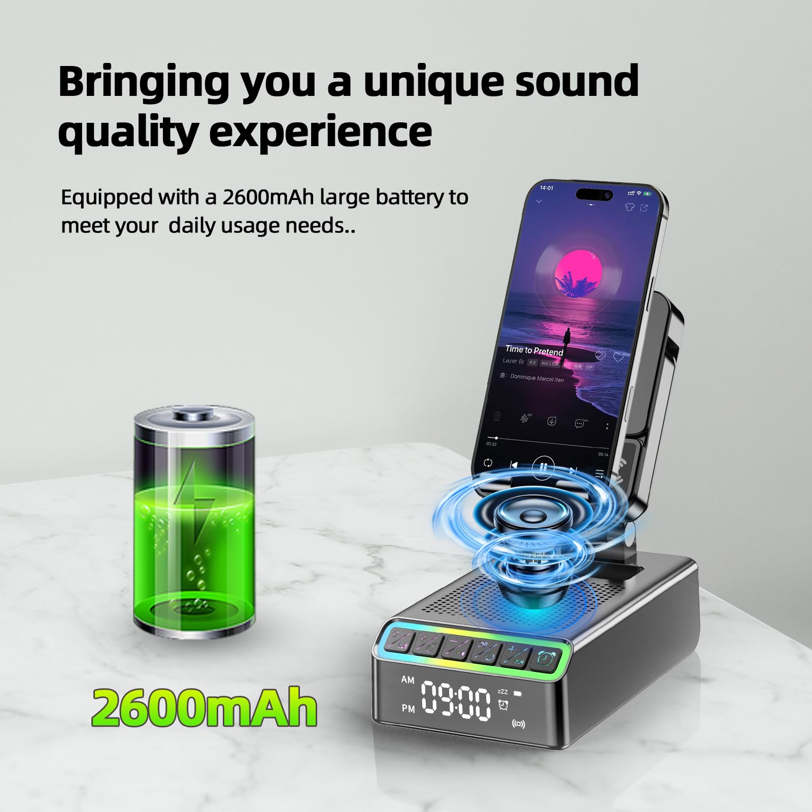 Altavoz Bluetooth con soporte para teléfono móvil, 9 en 1, caja de música Bluetooth 6.0 (horizontal/vertical), soporte de inducción, estéreo envolvente, despertador/luz nocturna, regalo para hombres y