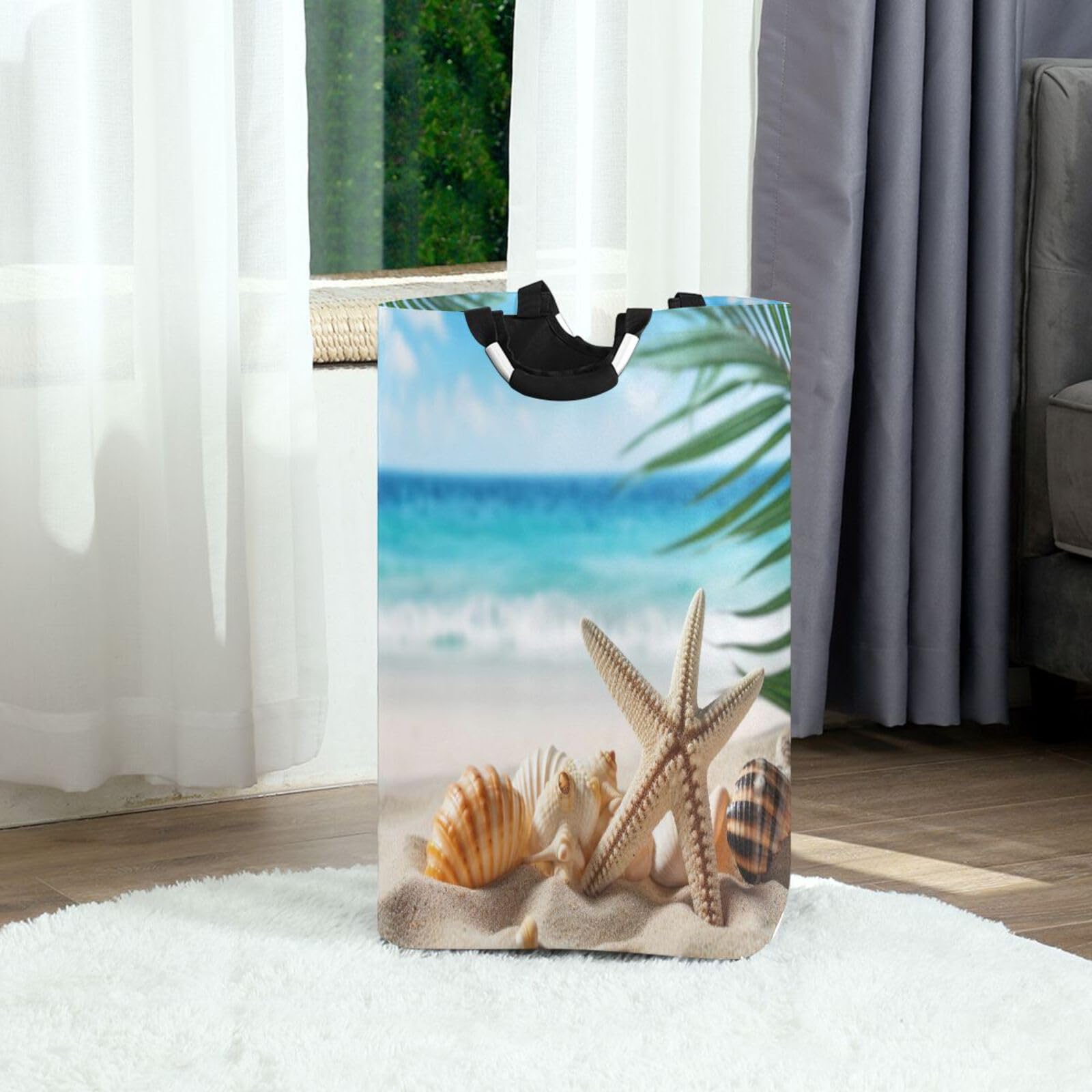 Jihqo Laundry Hamper Basket Beach Starfishes Collapsible Nursery Storage Bin Waterproof Clothing Baskets for Home Bedroom Bathroom Washing Room