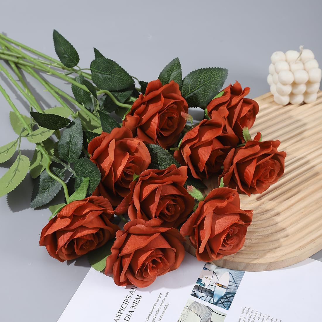 Laelfe 12 PCS Artificial Flowers Roses Silk Flowers Fake Long Stem Artificial Roses for Home Wedding Bathroom Kitchen Decorations(Brown Orange) - Image 2
