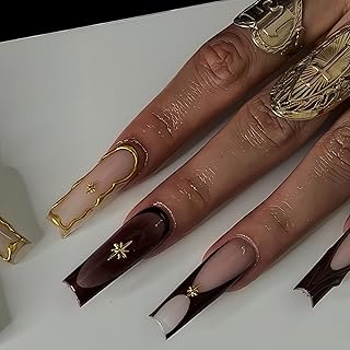 Long Press on Nails Square Fake Nails Brown False Nails French Artificial Nails Exra Long Nails with Gold Charm Designs XL Acrylic Nails Press ons Stick on Nails for Women 24pcs
