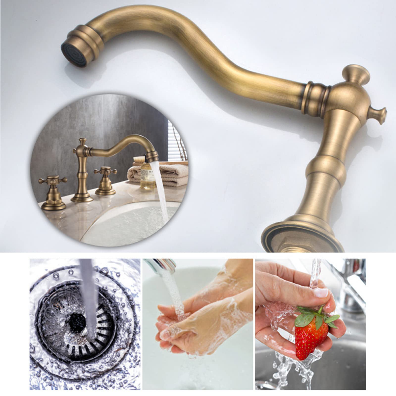 Vintage Badezimmerarmatur, Warm- und Kaltwasser, Messing, 2-Griff-Armatur für Waschbecken mit 3 Löchern, Kreuzmuster Gold (Farbe: Gold)