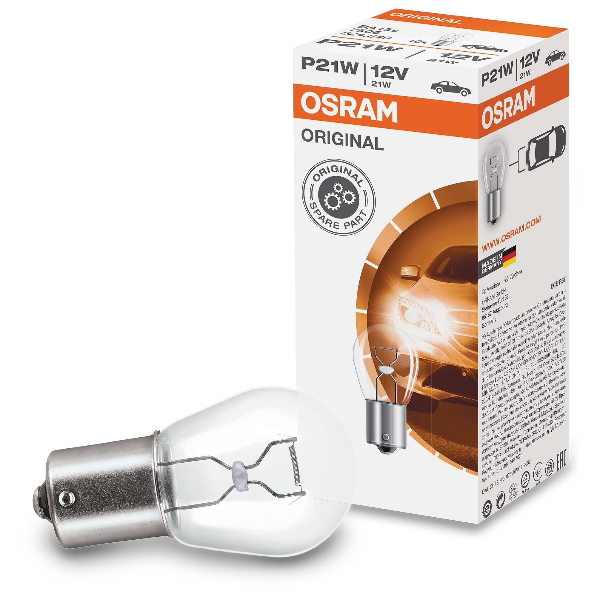 Osram 7506 Original Lamps with Metal Bases, 12 V, 21 W, Set of 10
