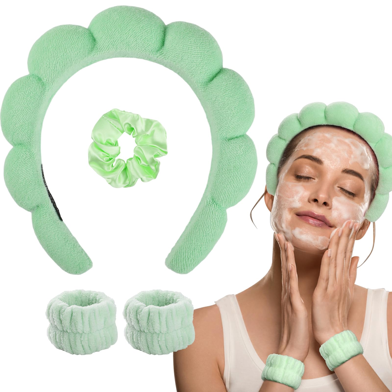 WD&CD Stirnband, Damen Spa Haarband Haarband, Make up Stirnband Handgelenk Waschband Set für Hautpflege, Gesichtsreinigung, Dusche - Hellgrün