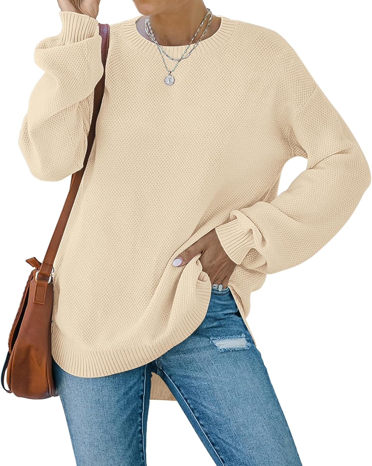 MEROKEETY Women’s 2025 Casual Waffle Knit Sweaters Balloon Long Sleeve Loose Side Split Pullover Jumper Tops MEROKEETY Women’s 2025 Casual Waffle Knit Sweaters Balloon Long Sleeve Loose Side Split Pullover Jumper Tops