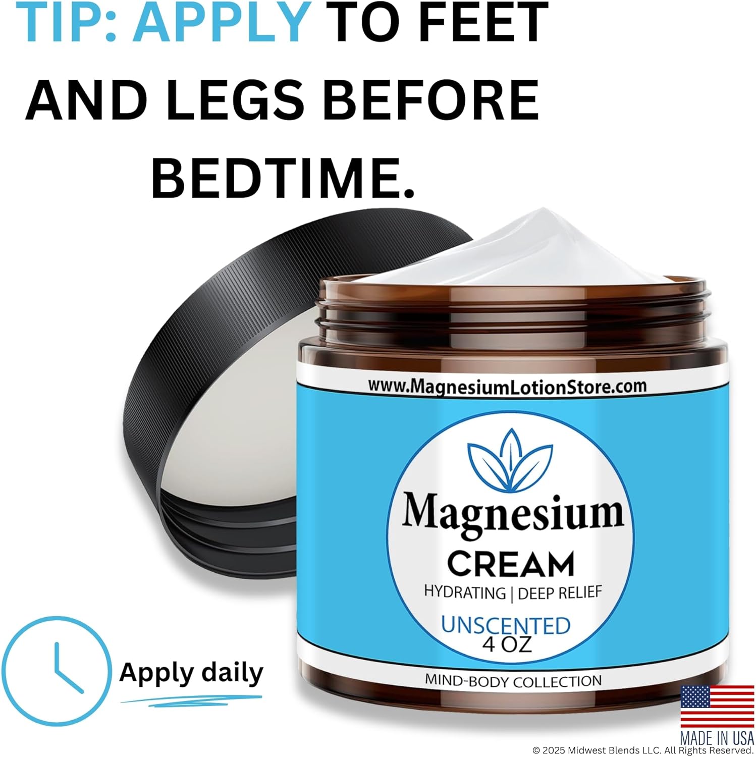 Unscented Magnesium Lotion, Topical Magnesium Cream for Sleep, Leg Cramps & Pain, Muscle Relaxation, Calm, Moisturizing Supplement with Coconut Oil, Shea Butter
