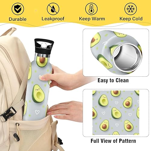 Miniatura 4 de Water Bottle for Kids with Straw Leakproof Insulated Water Bottles 20oz, BPA-Free, Cute Cartoon Avocado Faces