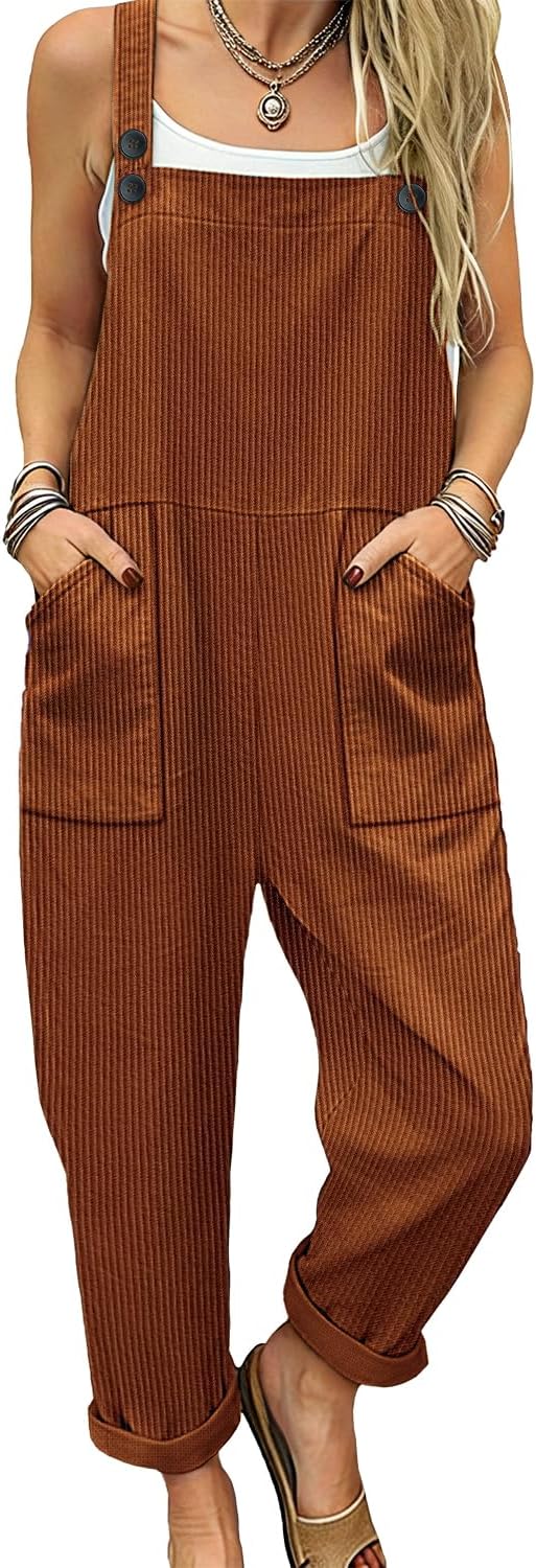 YESNO Casual Corduroy Overalls Loose Fit Adjustable Straps Bib Pants Jumpsuits with Pockets PCW