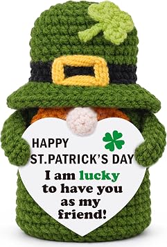 St. Patricks Day Gifts for Friends Coworkers Handmade Crochet Leprechaun Gnome Decor, Lucky Irish Desk Gift, Cute St Patricks Day Office Decoration, Im Lucky to Have You Mini Gnome