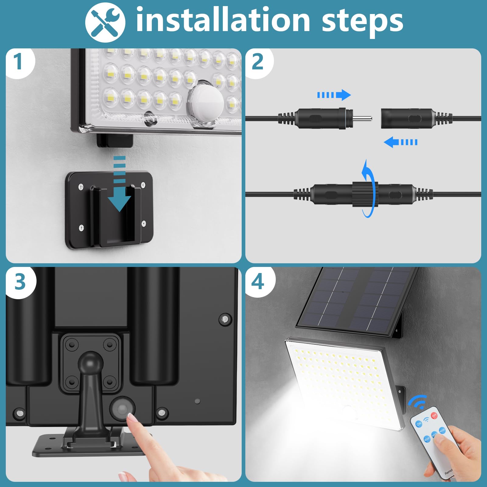 Focos Led Exterior Solares, Luz Solar Exterior con Sensor de Movimiento con Control Remoto, 2000mAh Batería Recargable, 4 Modes, IP65 Impermeable, Cable de 5M, Luces Led para Jardín, 1 Pieza