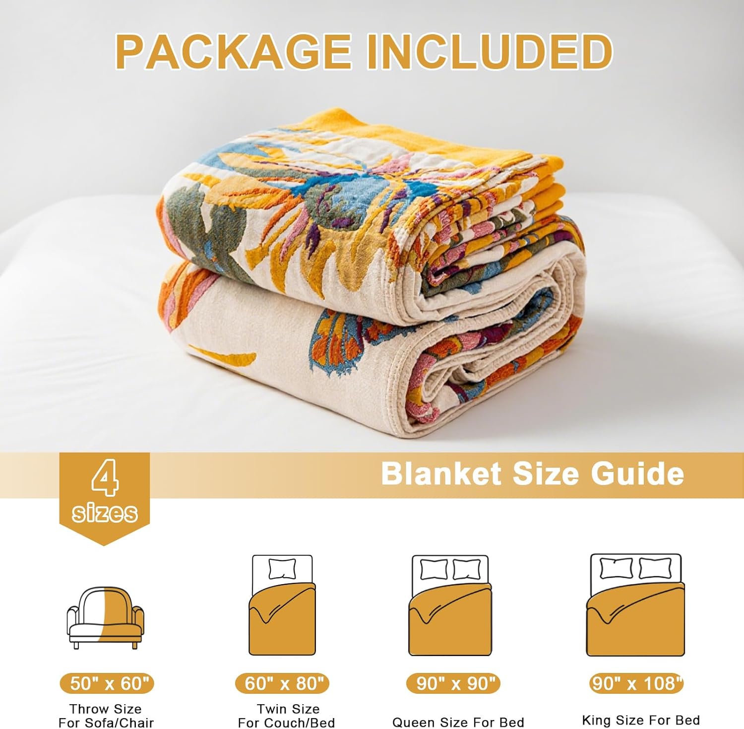 Boho Throw Blanket for Bed 60"x80", 100% Soft Cotton Bohemian Blankets with Rustic Floral Printed Decor, Fall Throw Blanket for Couch Cozy Breathable Twin Size All Season - Image 4