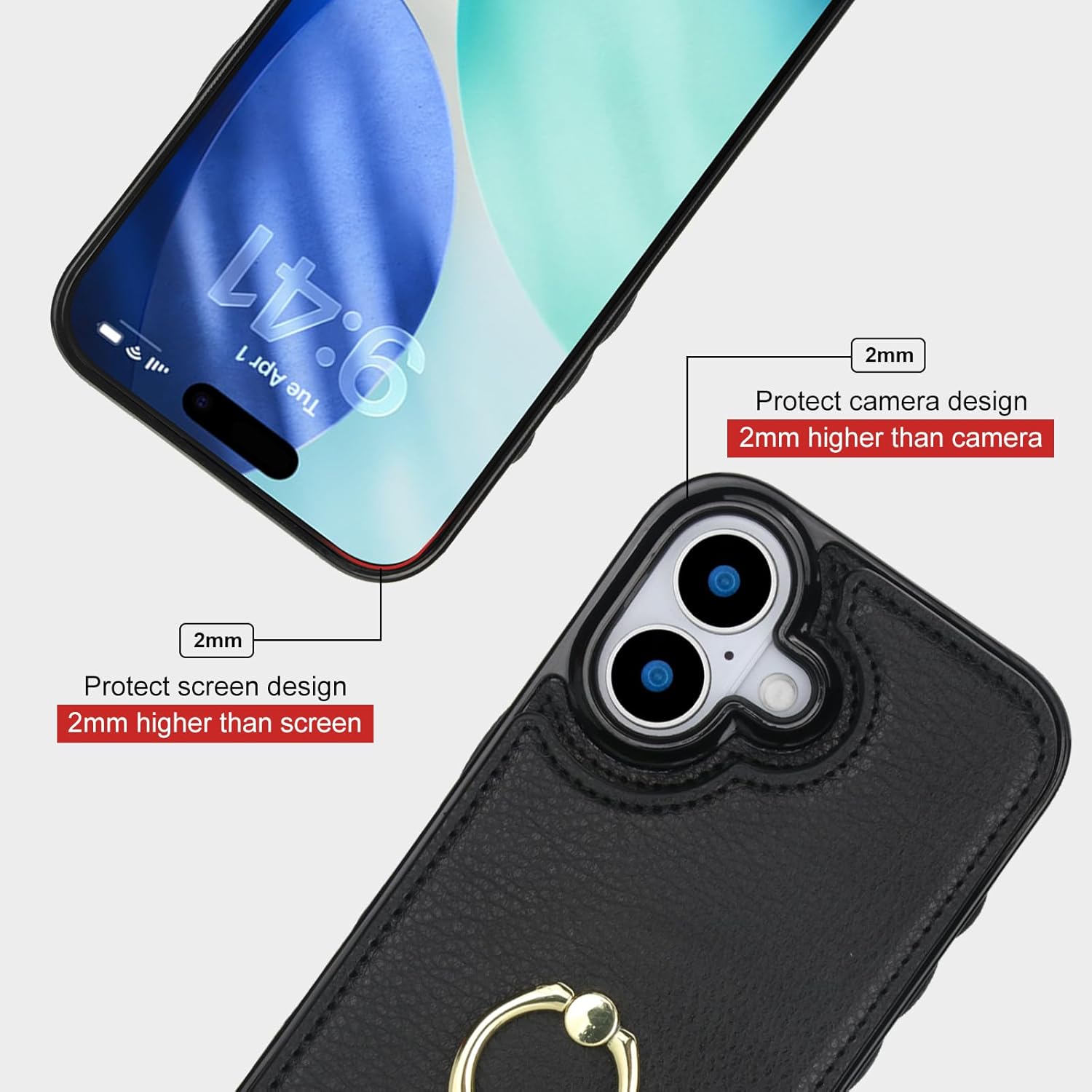 Folosu Compatible with iPhone 17 Case Wallet with Card Holder, 360°Rotation Finger Ring Holder Kickstand, RFID Blocking Leather Protective Double Buttons Shockproof Cover 6.3 Inch Black