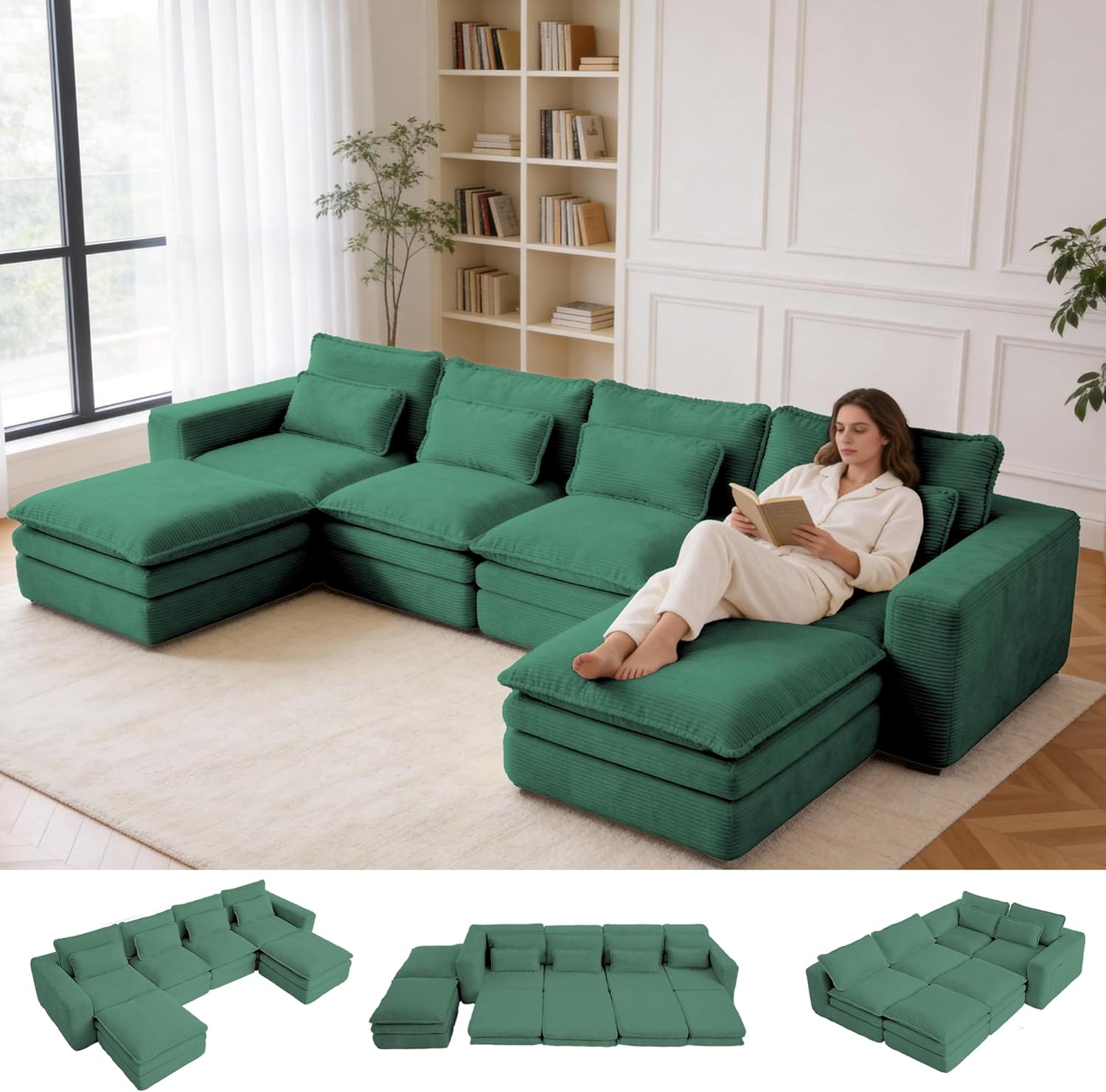 140" U Shape Modular Sectional Sofa with Ottoman, Boneless Couch Three-Layer Deep 4 Seat Convertible Pull Out Sleeper Sofa Bed for Living Room Apartment No Assembly 140" U-Green