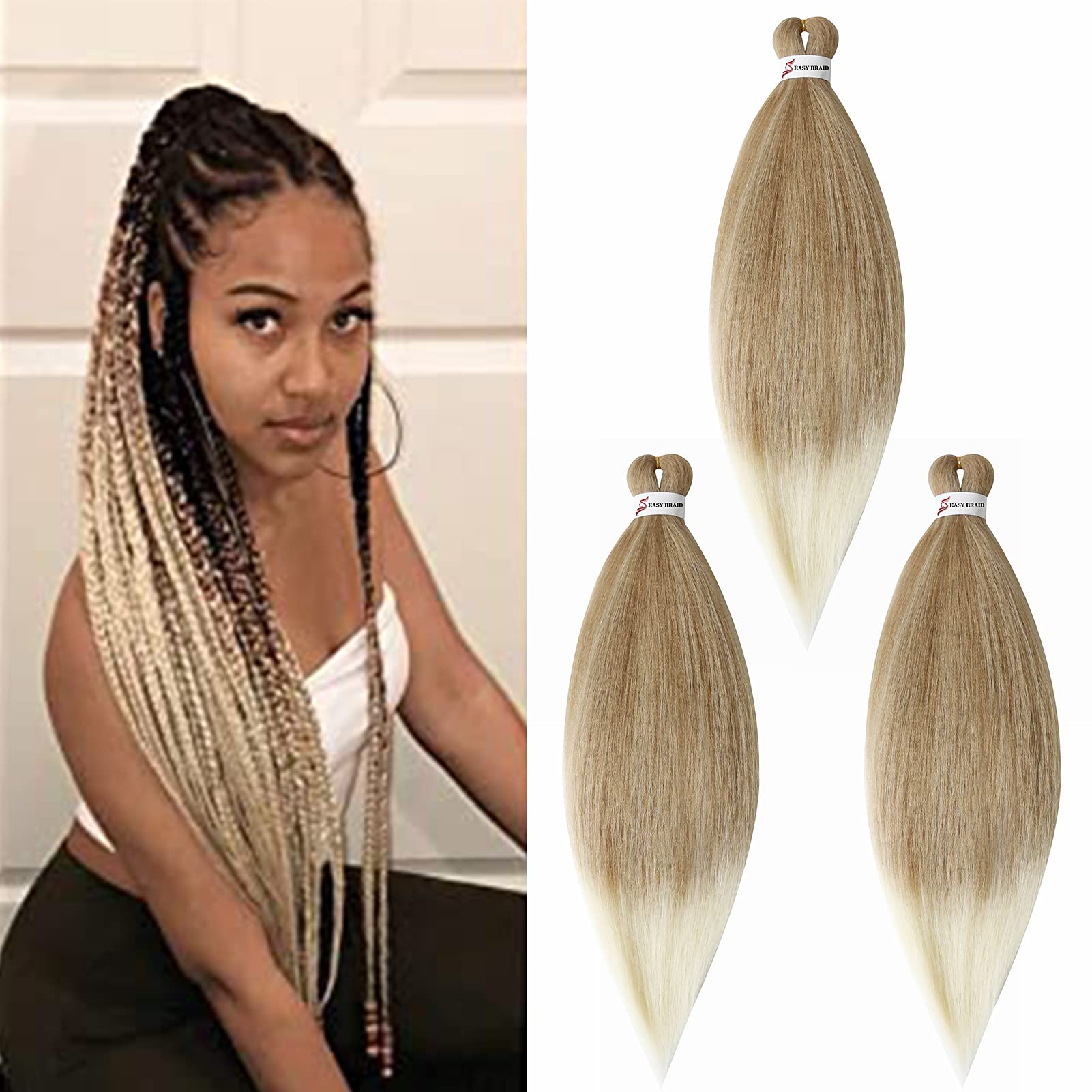 65cm Extensiones para Trenzas Africanas Extensiones de Pelo Sintético Trenzado Crochet Pre-estirado EZ Trenzado Yaki Cabello Pre Stretched Braiding Postizo 3 Piezas, Rubio oscuro & Blanqueador rubia