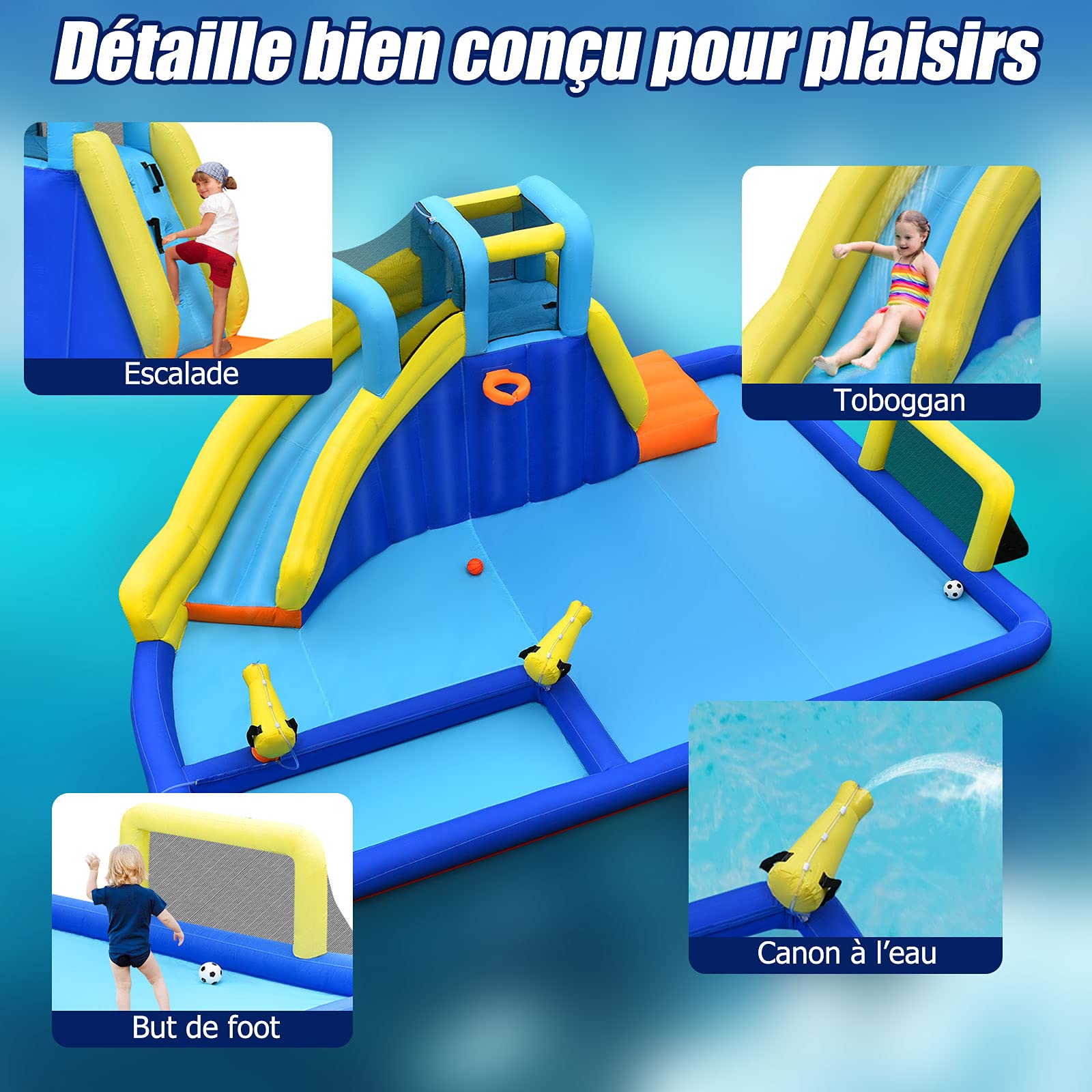 GOPLUS - Castillo hinchable con tobogán y pistola de agua, zona de juegos acuática con entretenimiento múltiple, ideal para niños mayores de 3 años (con soplador de 680 W)