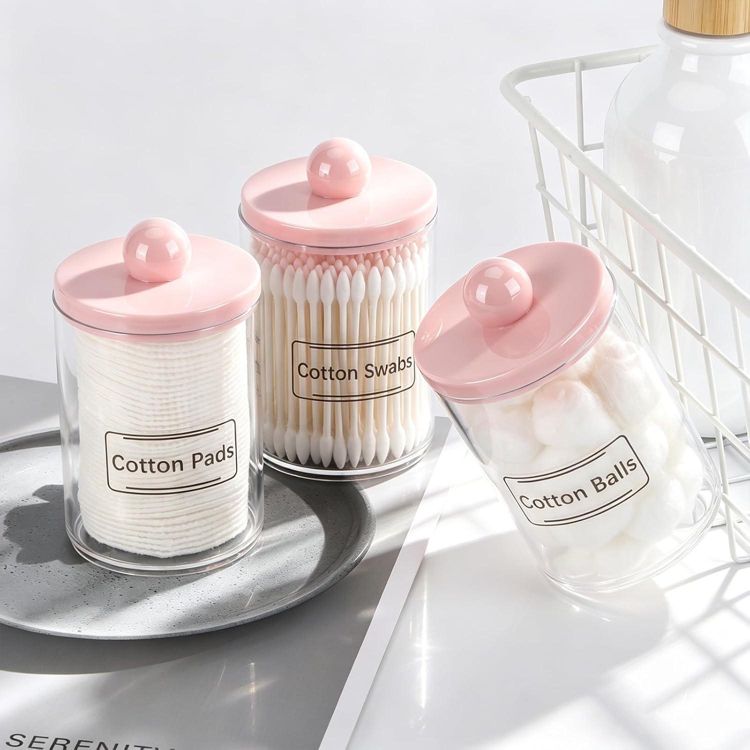 Tbestmax 3 Pack Qtip Holder Bathroom Canisters, 10 oz Cotton Swab Holder Jars for Cotton Ball Storage Dispenzer - Pink Lids