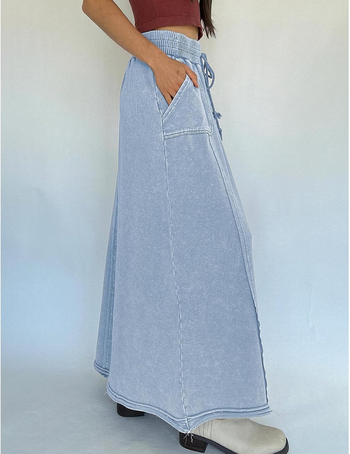 Women Acid Wash Maxi Skirt Elastic Drawstring A Line Skirt Cotton Flowy High Waist Dress Boho Outfits with Pockets