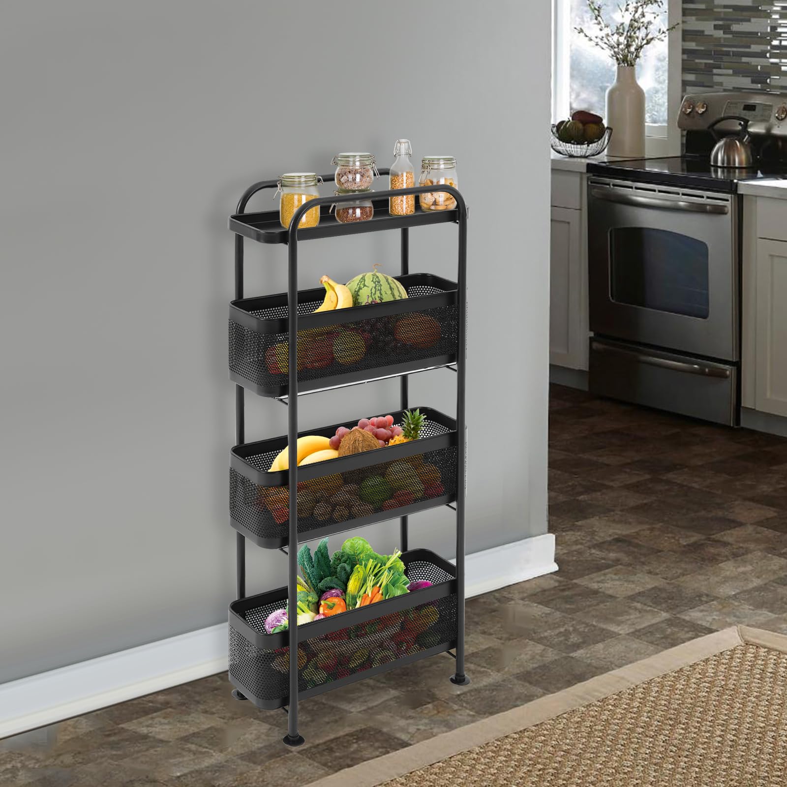 Carrello da cucina sottile, 4 ripiani, con cestini estraibili, nero | Carrello portaoggetti stretto, salvaspazio per piccoli spazi, cucina, soggiorno, bagno, 40 x 15 x 89,5 cm