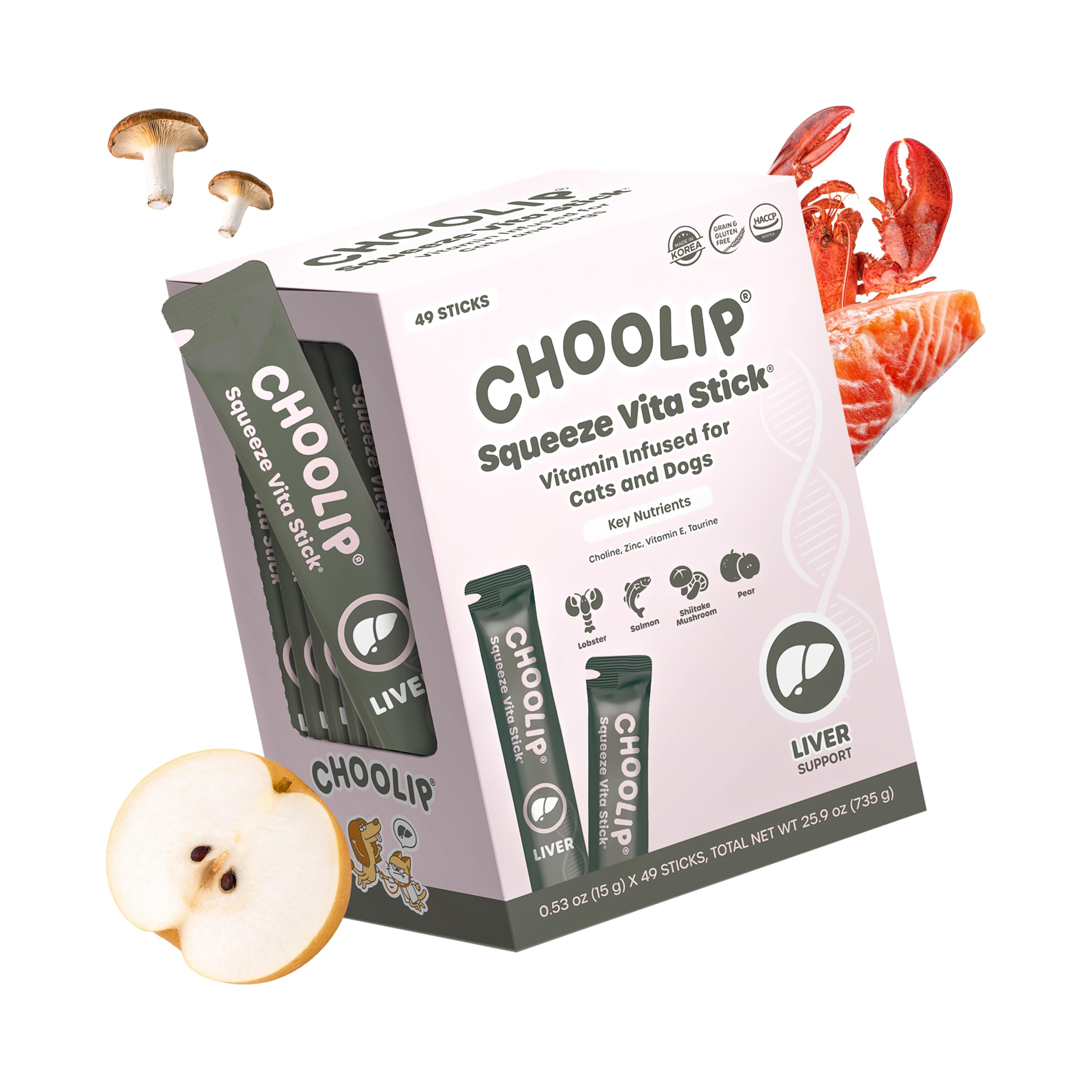 Choolip Squeeze Vita Stick Lickable Cat and Dog Treats, 49-Count Liver Support Variety Pack, Salmon and Lobster with Milk Thistle, CoQ10 and Vitamin E