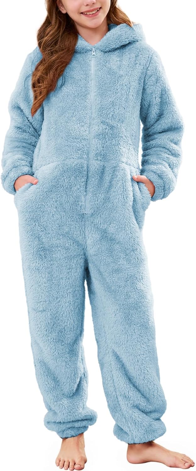 Flygo Girls Fleece Jumpsuits Fuzzy Hooded Rompers Kids Zip up Onesie Romper Costume Warm Winter Clothes 5-14 Years