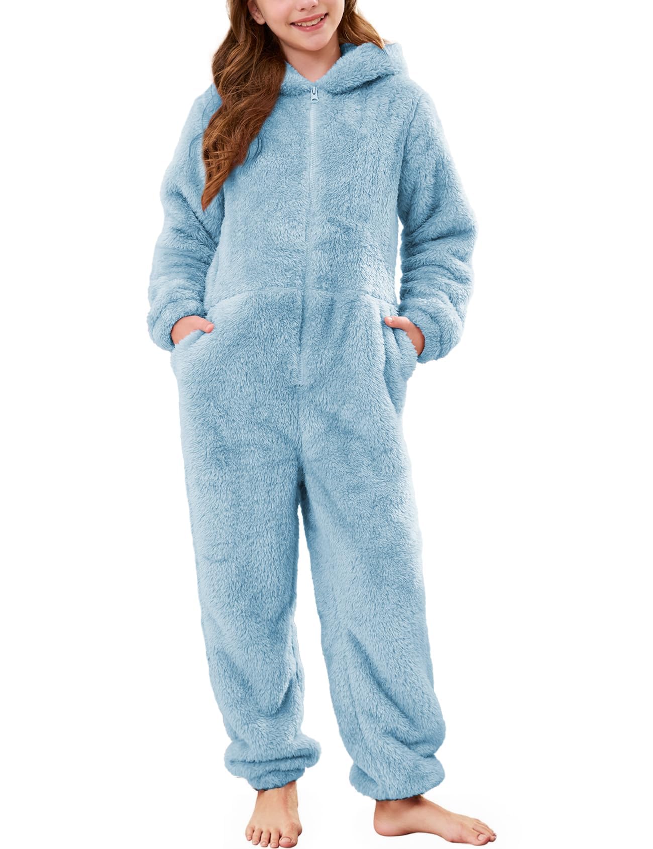 Flygo Girls Fleece Hooded Jumpsuit Fuzzy Winter Onesie Romper Costume