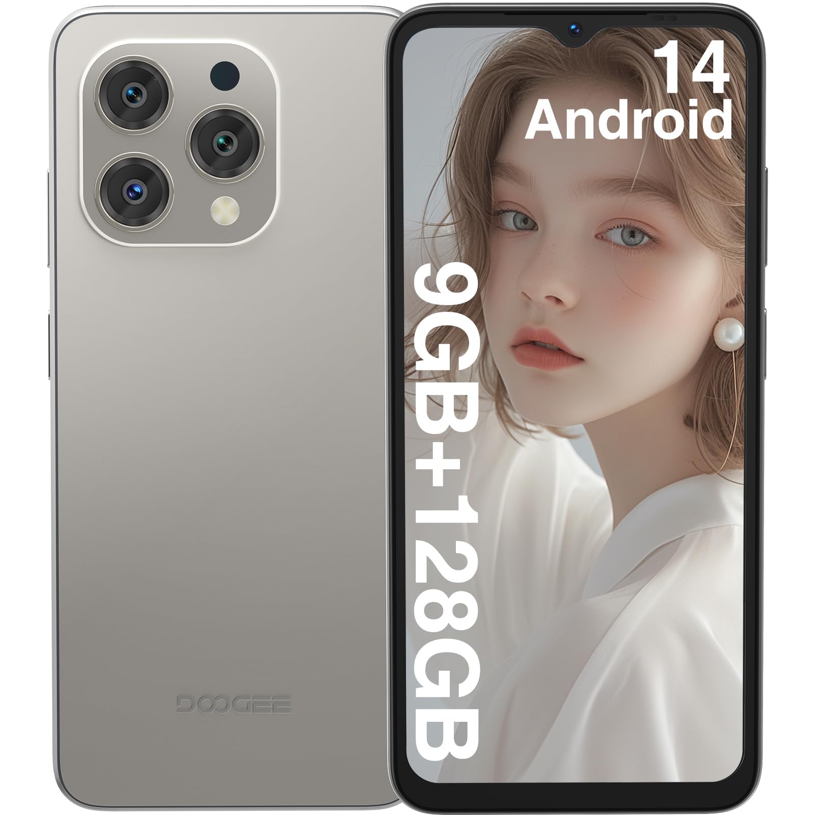 DOOGEE N55 (2025) Android 14 Cell Phone,9GB+128GB Expandable 1TB Android Phone,6.56" HD+ 90Hz Unlocked Cell Phone,5150mAh Battery,13MP+8MP,Dual SIM 4G Phone,Face Unlock,OTG/T-Mobile